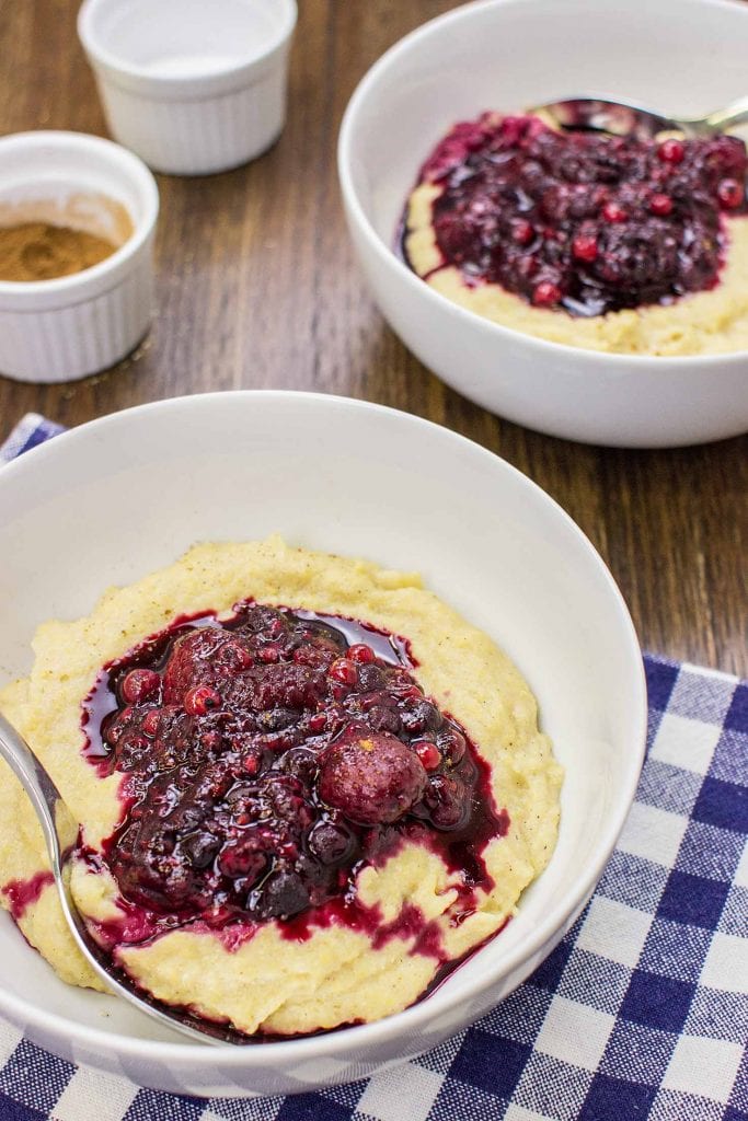 Cornmeal Porridge is ready on the table in bowls #mixed berries #milk | hurrythefoodup.com