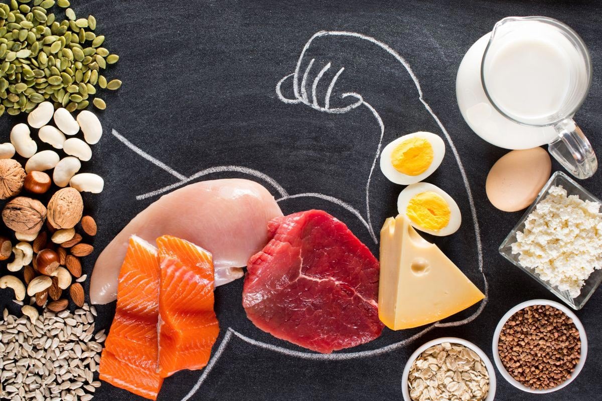 Various protein sources in a muscular arm outline | Hurry The Food Up