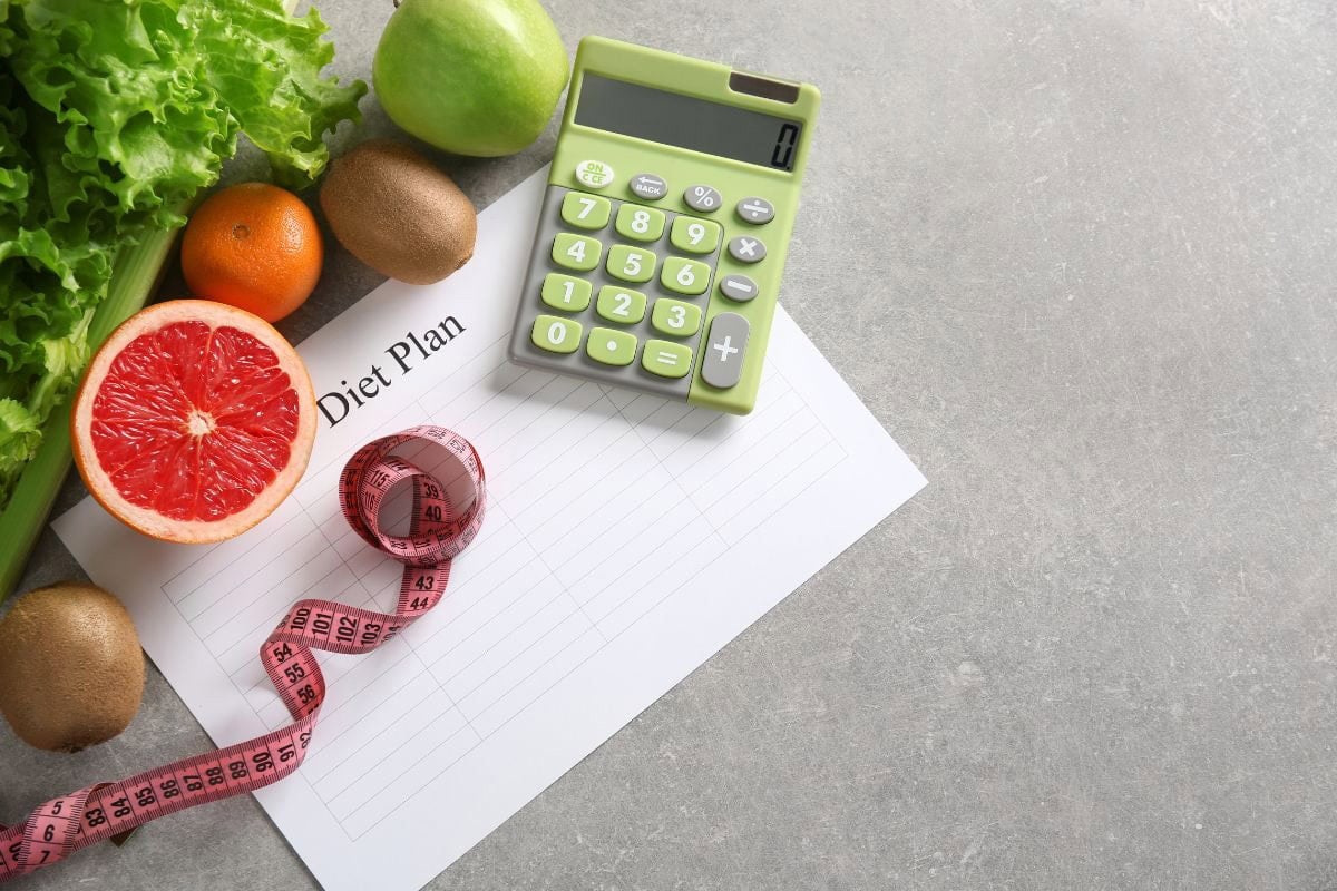 A calculator, fruits and measuring tape on top of a diet plan sheet | Hurry The Food Up